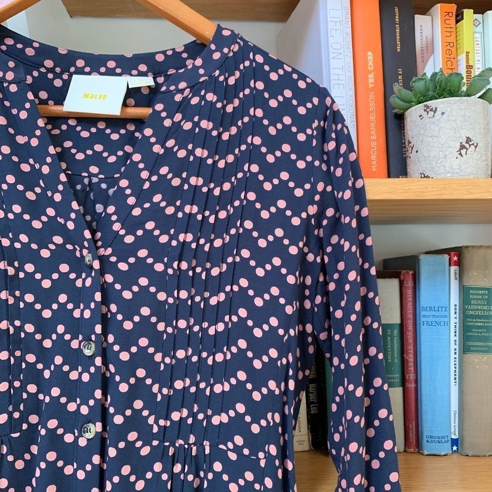 Anthropologie Maeve Navy Polka Dot Button Down Size XS - Picture 3 of 6